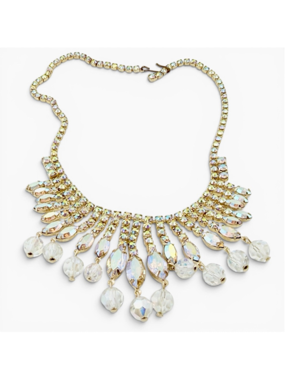 Vintage Aurora Borealis Rhinestone Necklace Gold Tone Fringe Bib Austrian Style - Picture 2 of 9